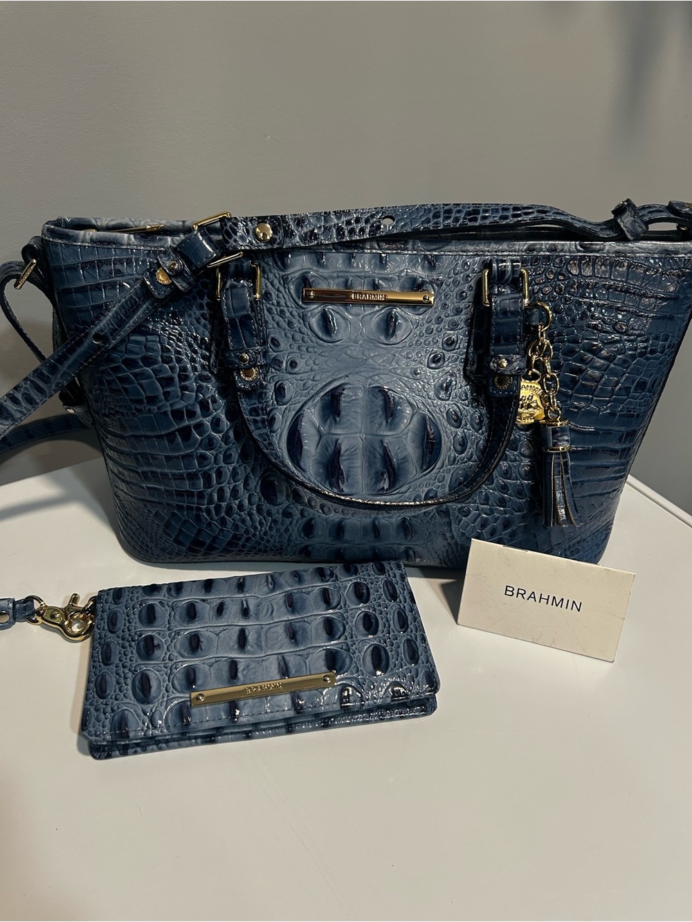 Brahmin Navy Croc-Embossed Leather Crossbody Satchel with Matching Wristlet